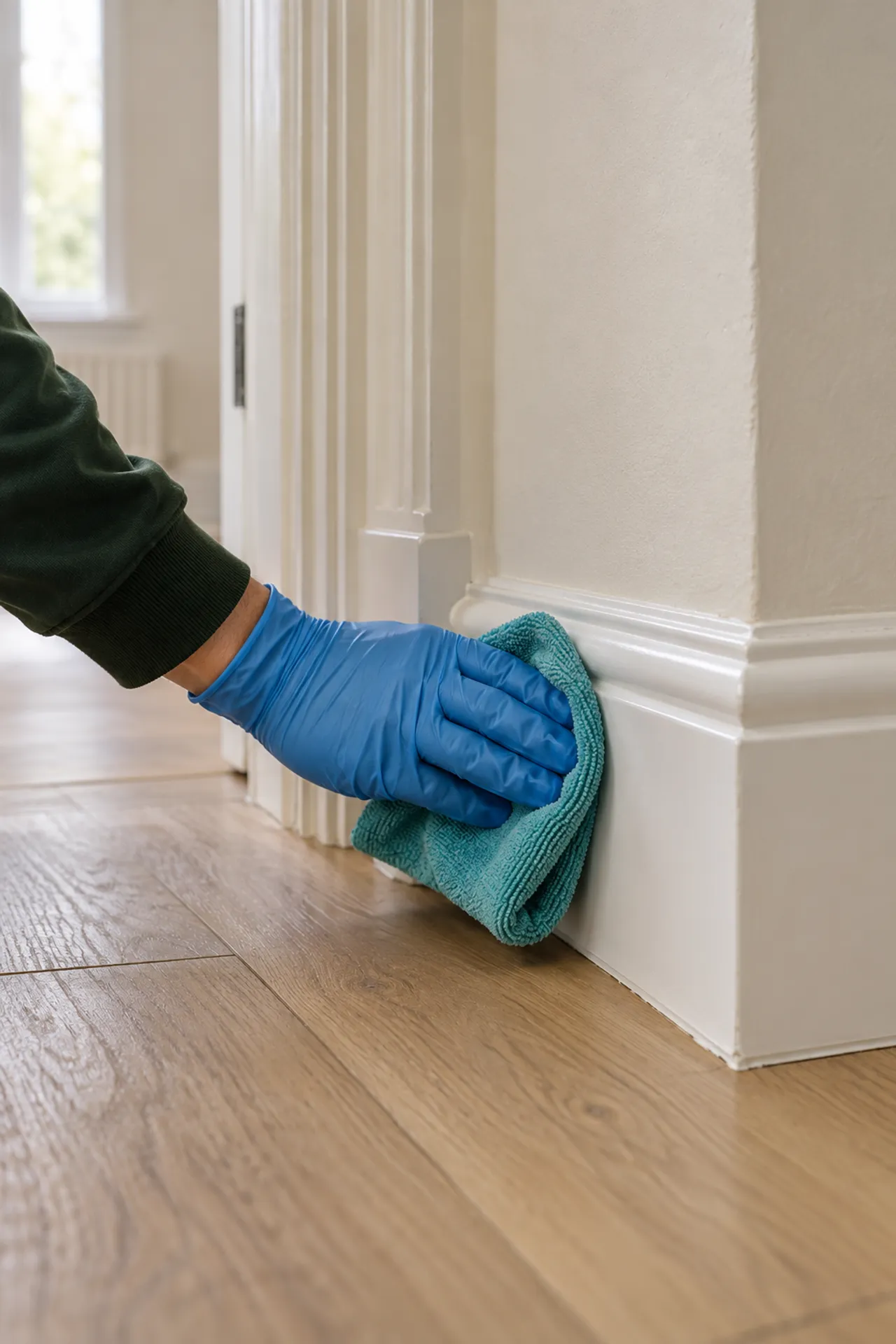 A gloved hand wiping a skirting board beside a white door frame