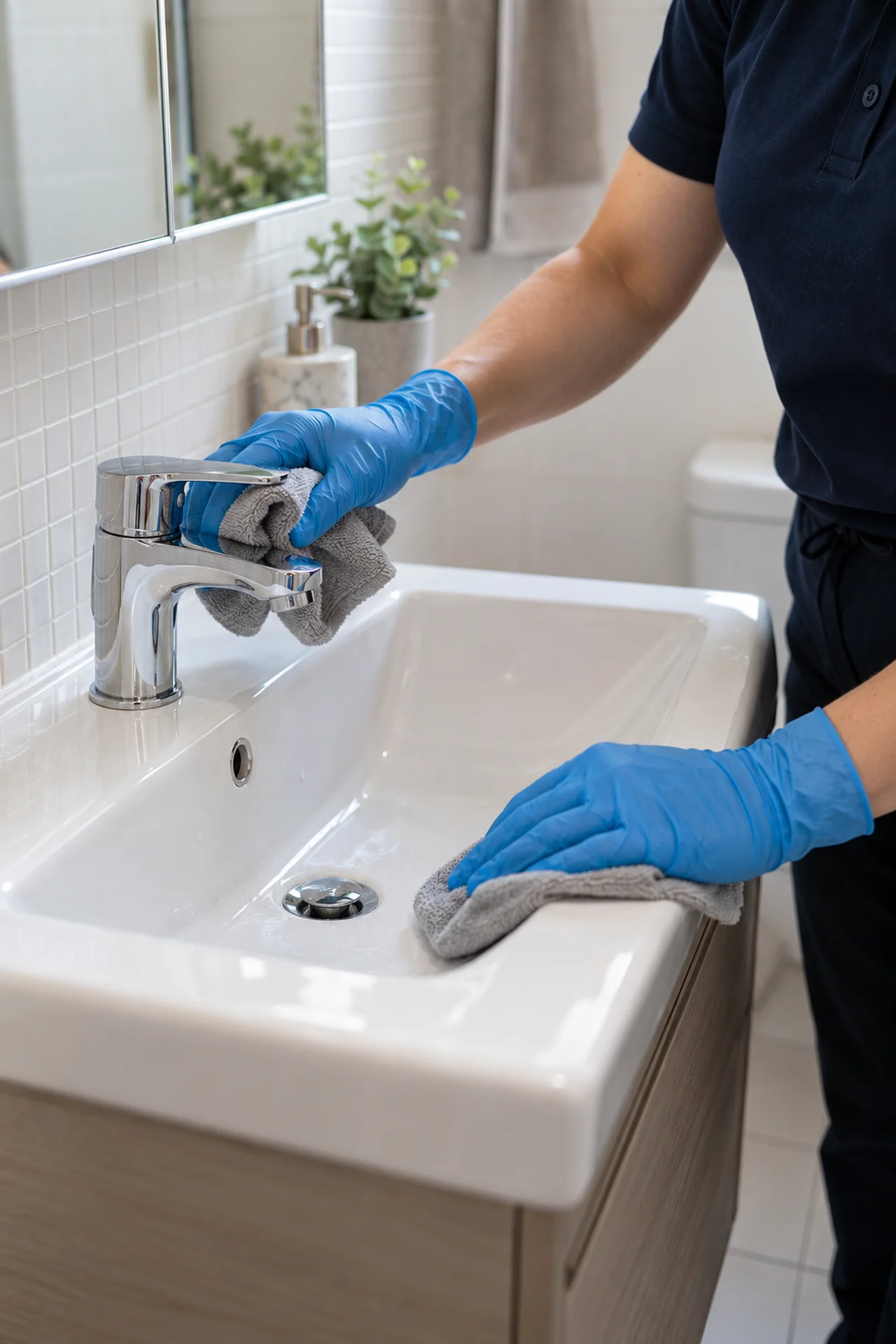 Gloved hands wiping a bathroom basin with warm white tiles