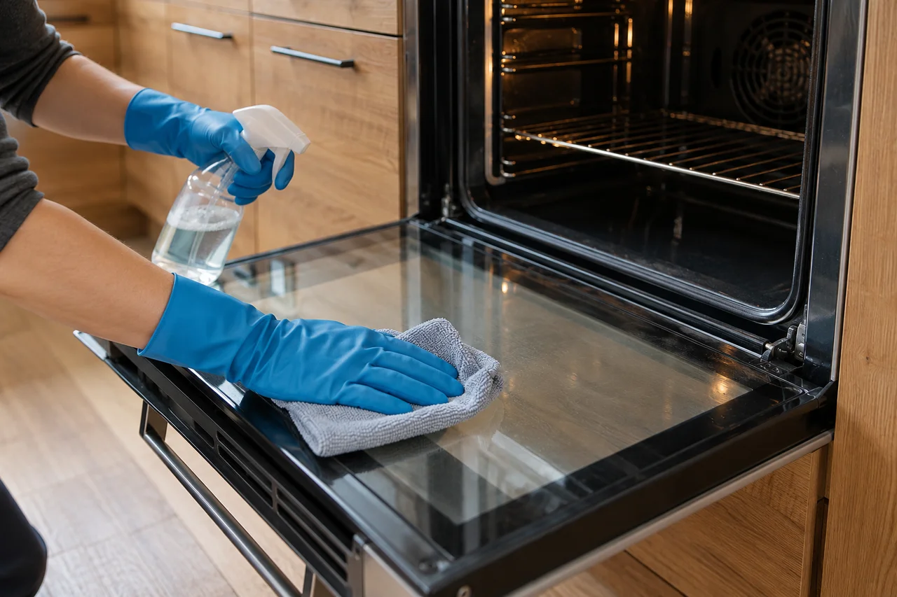 An oven door being cleaned in an illustrative timber kitchen