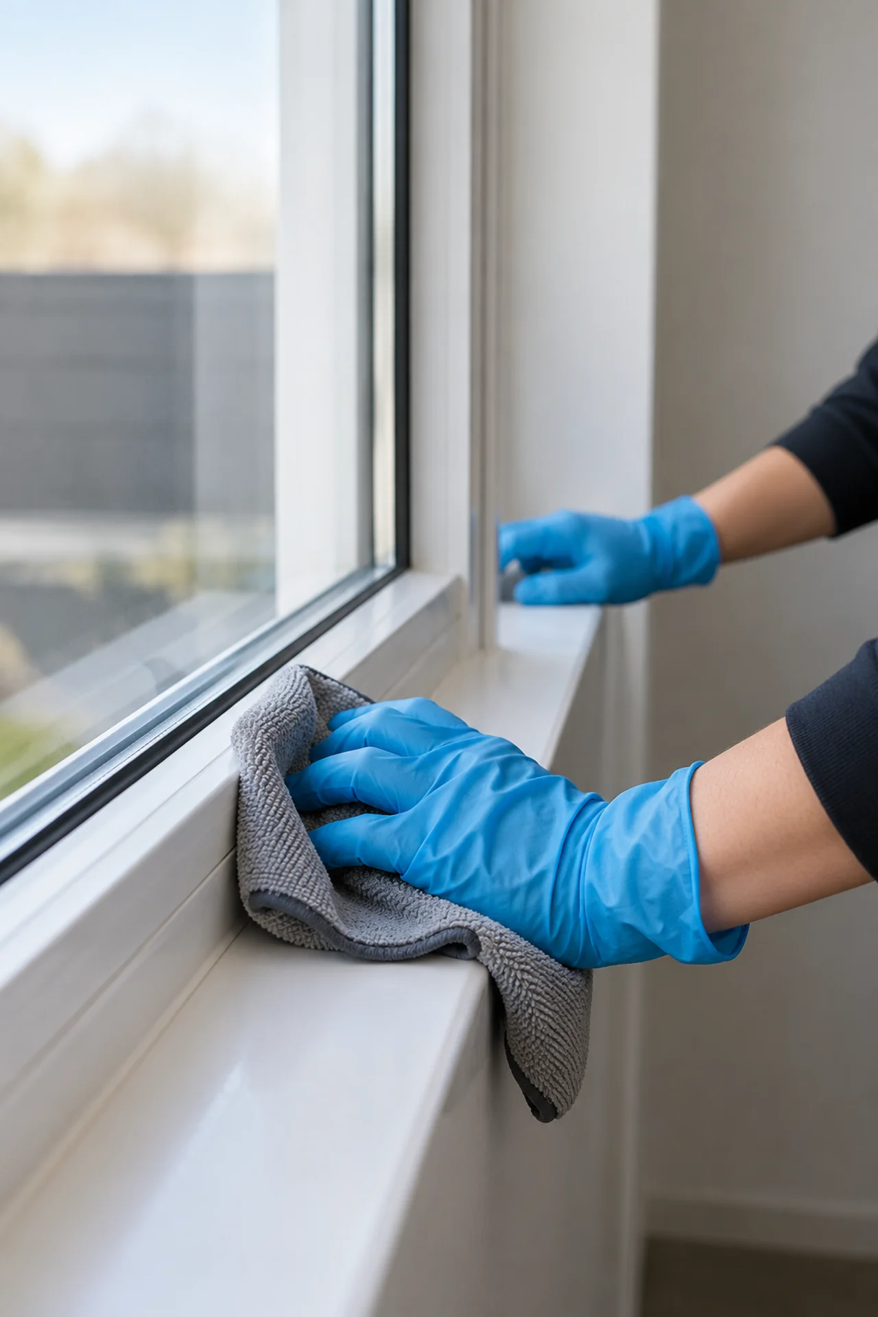 A gloved hand cleaning an internal apartment window frame