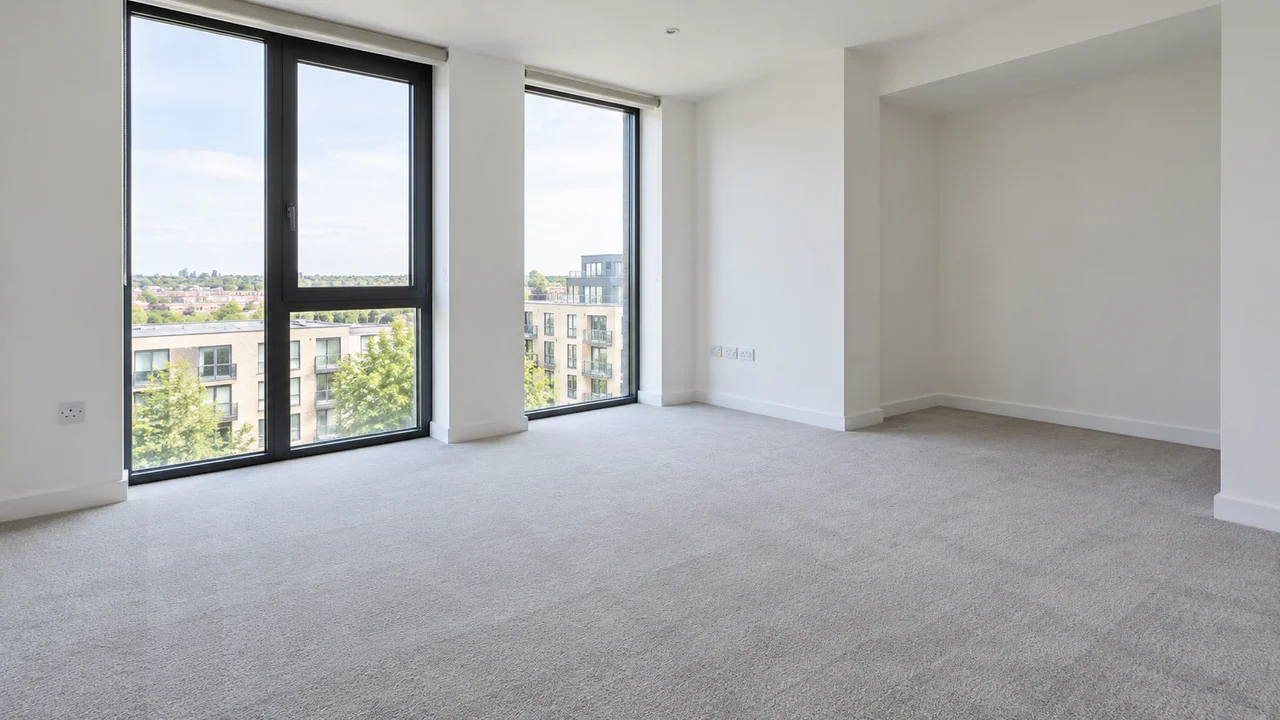 An empty rental living room with light carpet and tall windows