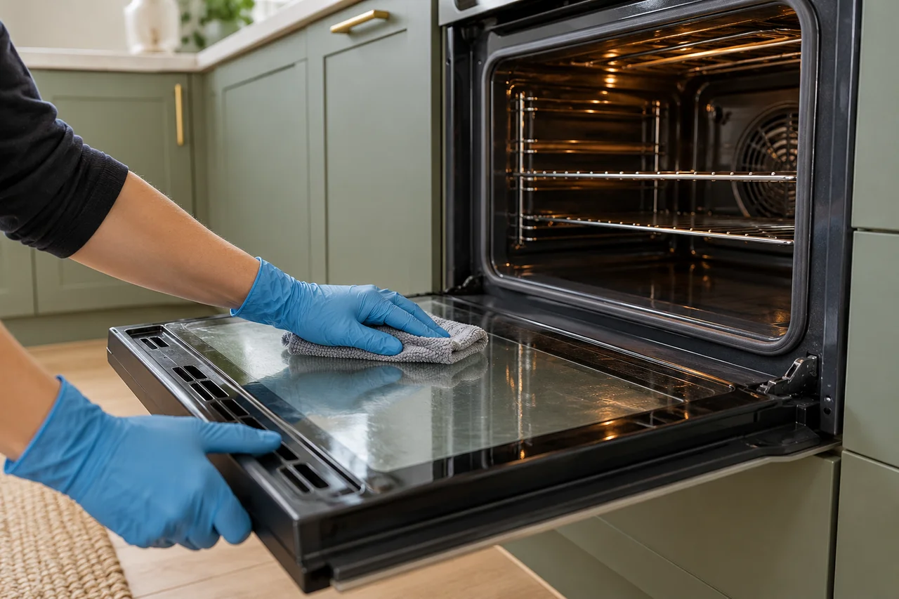 A cool oven door being cleaned beside sage cabinetry