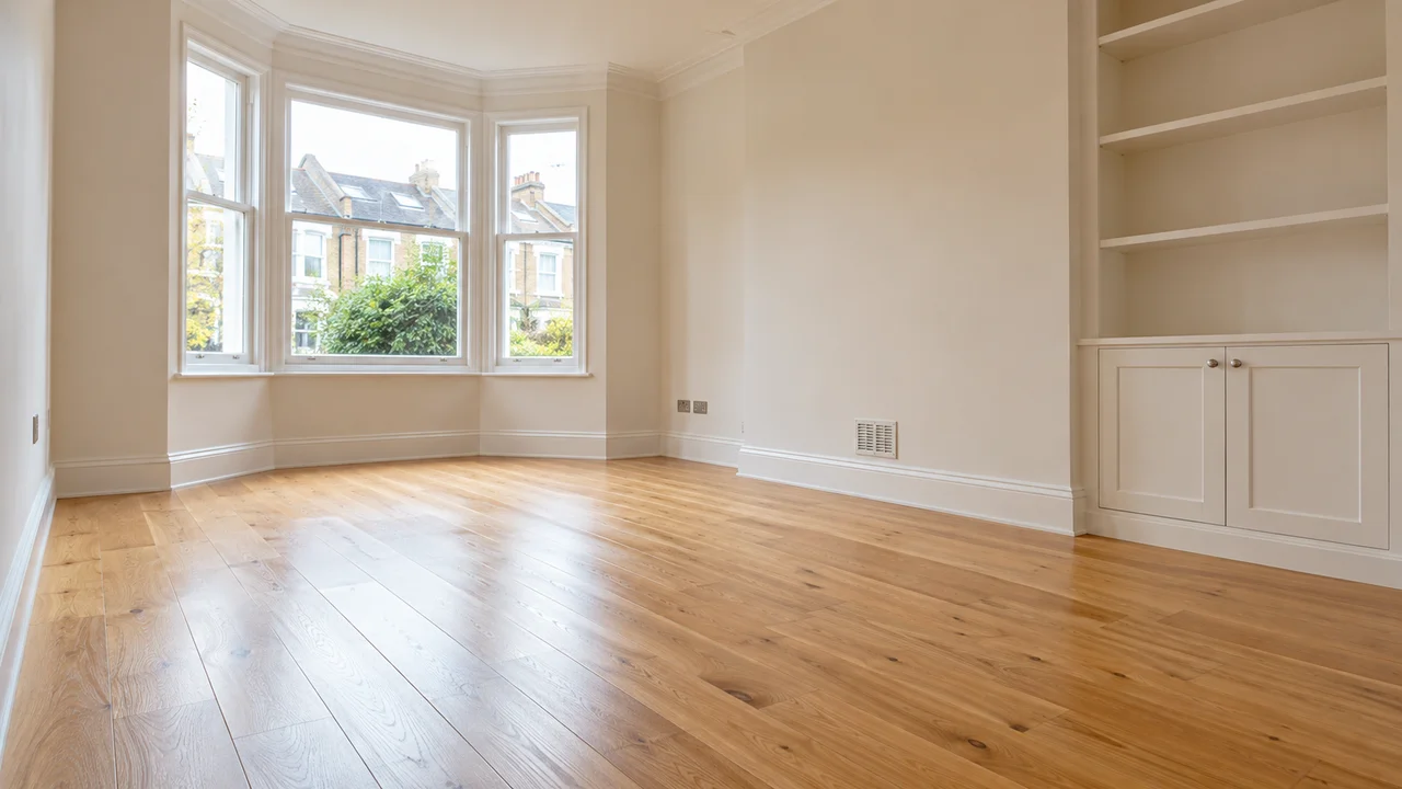 An empty rental room with a bay window and timber floor