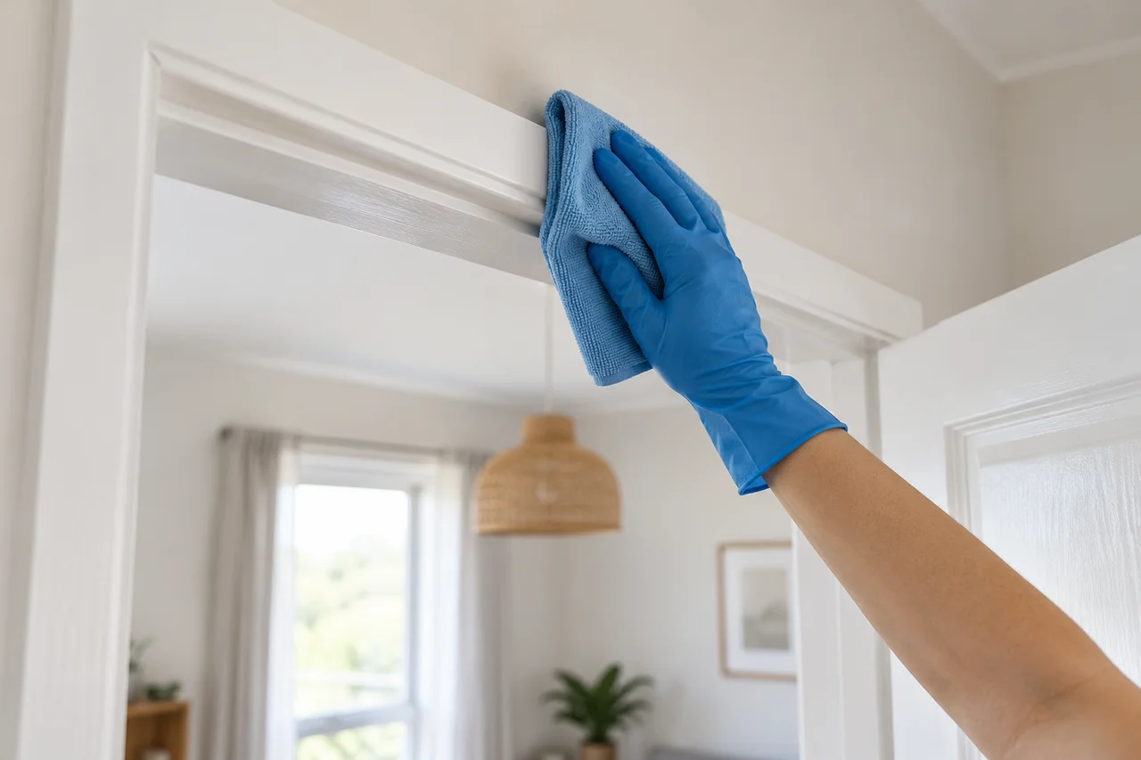 A gloved hand wiping an accessible door-frame edge
