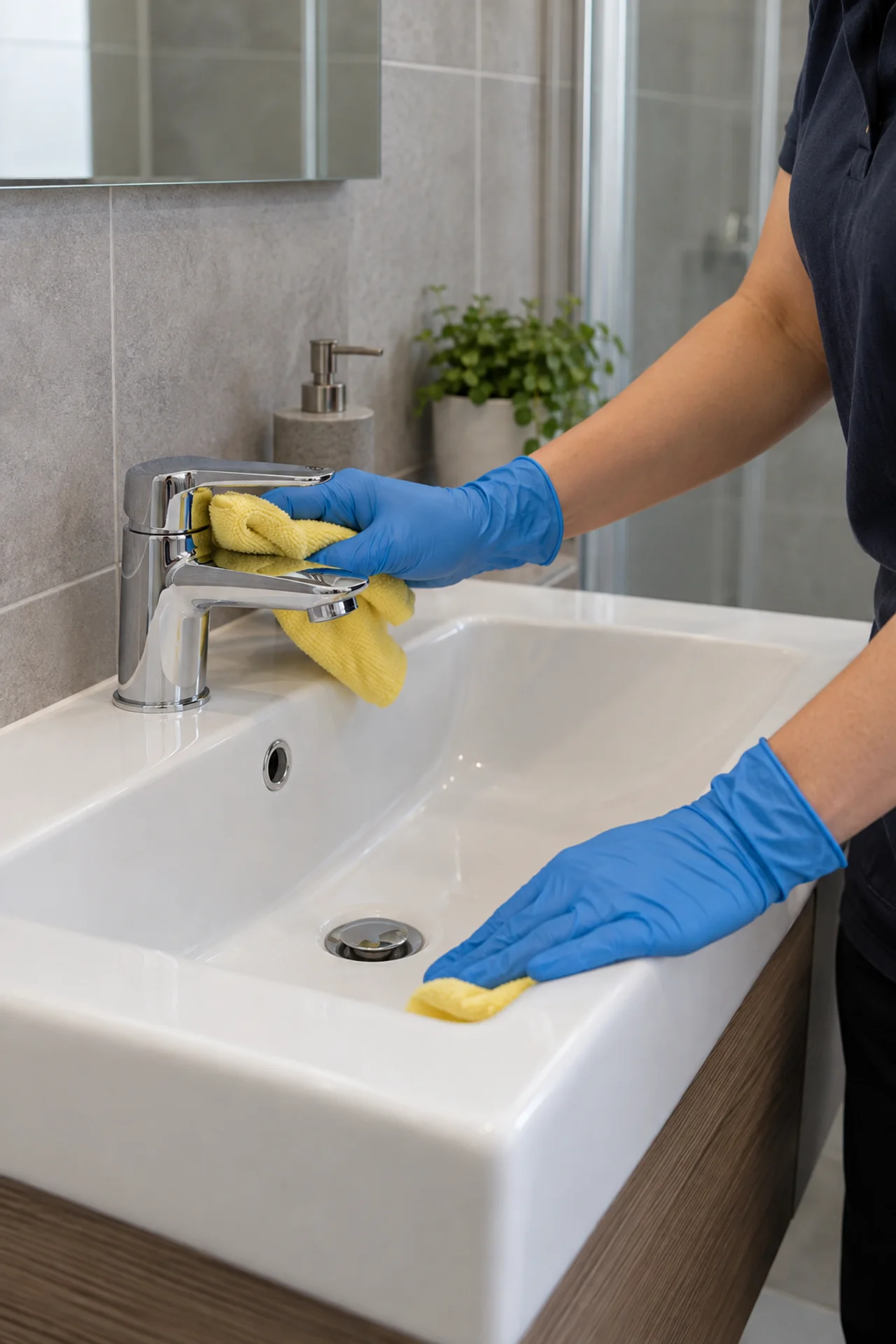 Gloved hands cleaning a bathroom tap and basin