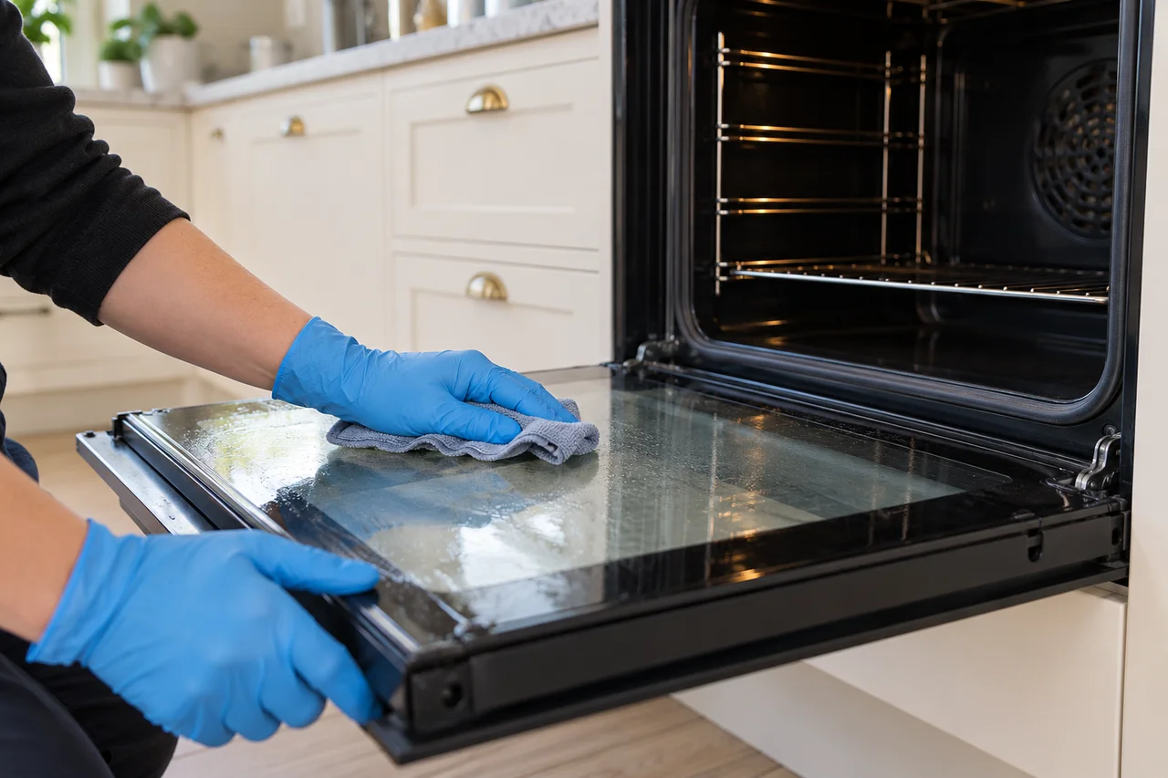 Gloved hands cleaning the glass of a cool open oven