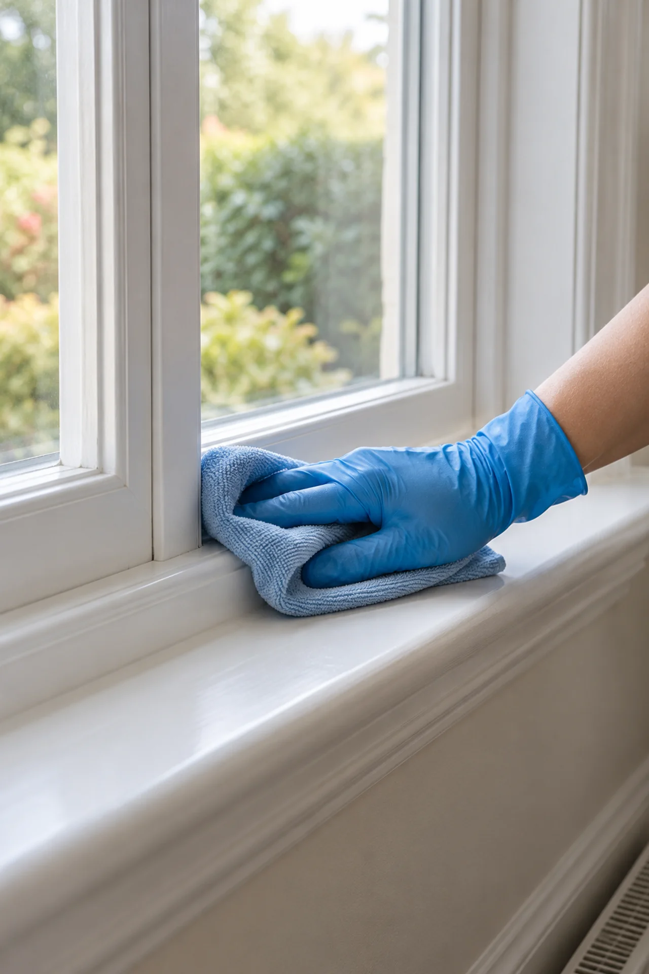 A gloved hand wiping an internal sash window frame