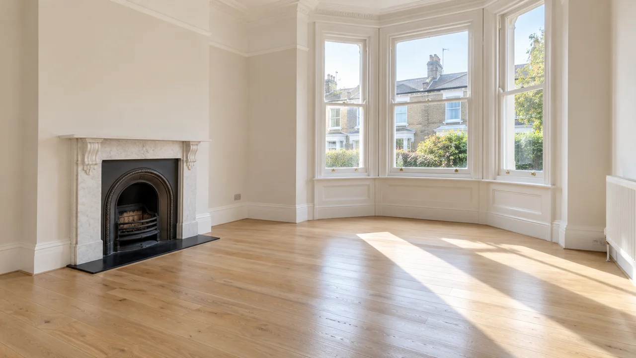 An empty rental living room with a pale oak floor