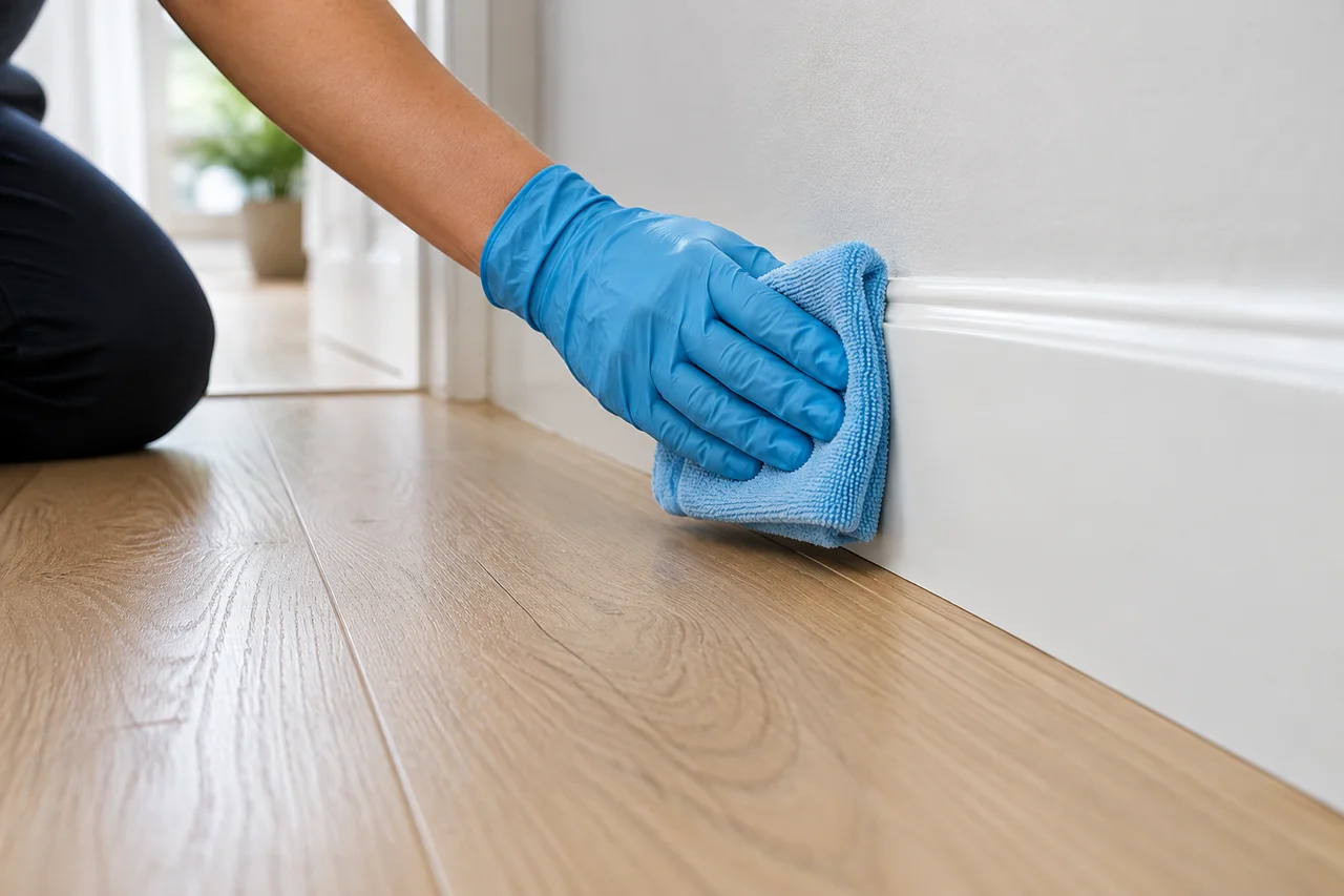 A gloved hand wiping a skirting board beside an oak floor