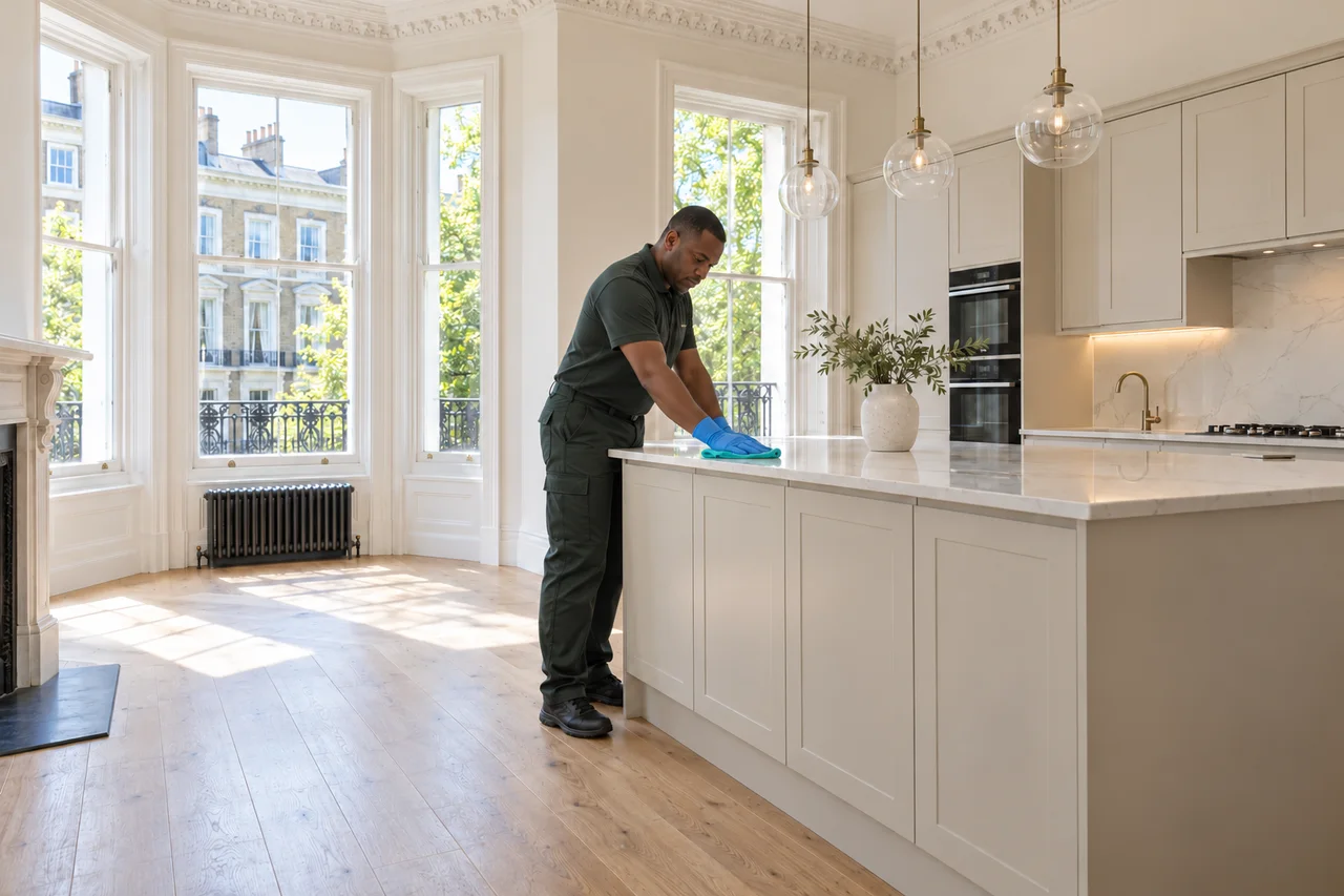 A cleaner wiping a kitchen island in a bright London rental flat