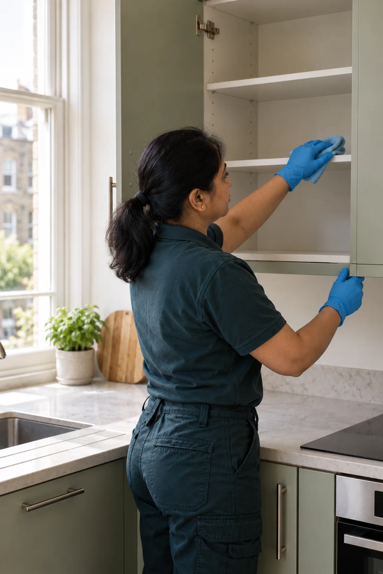 A gloved cleaner wiping an empty kitchen cupboard shelf