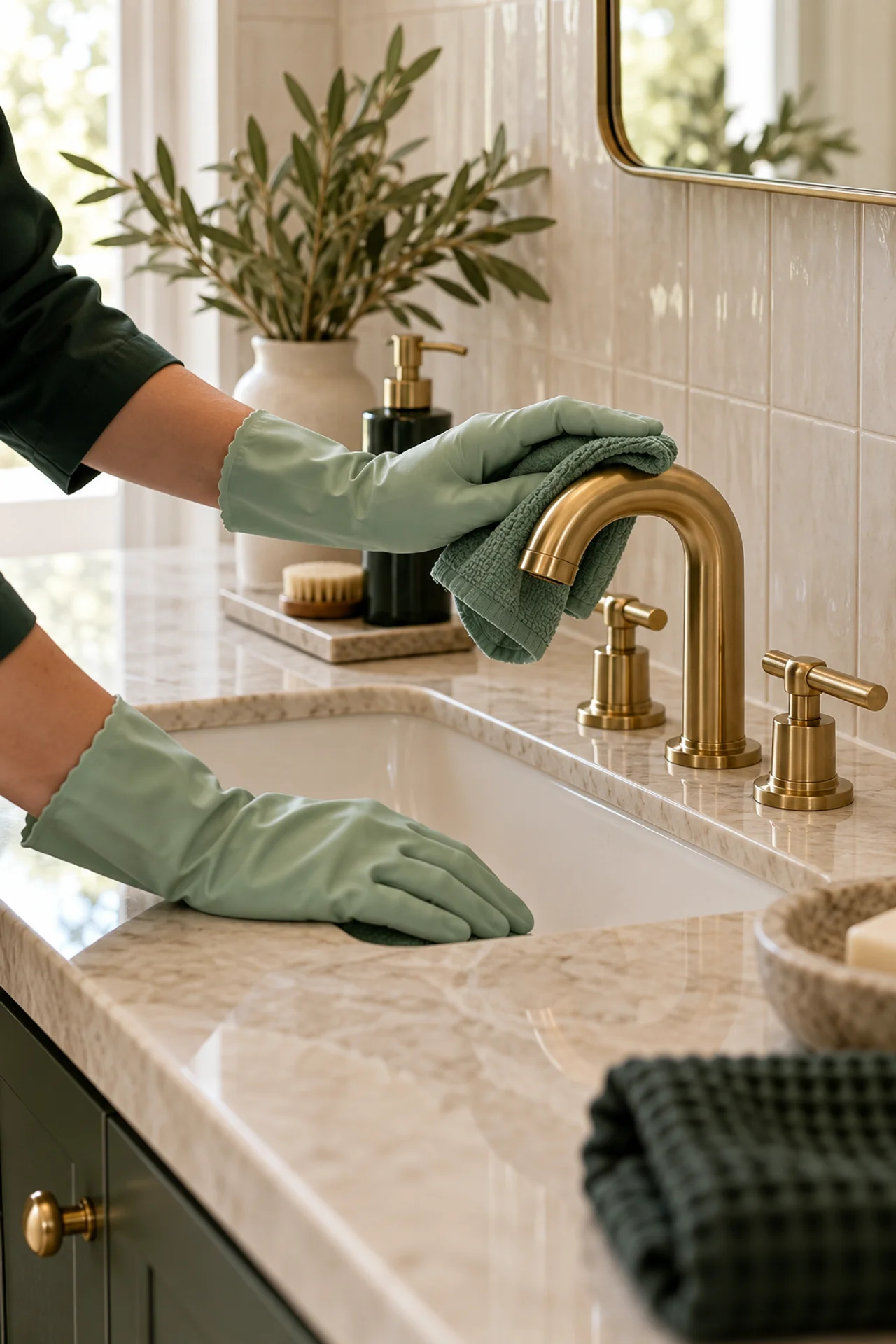Gloved hands cleaning bathroom taps and a basin