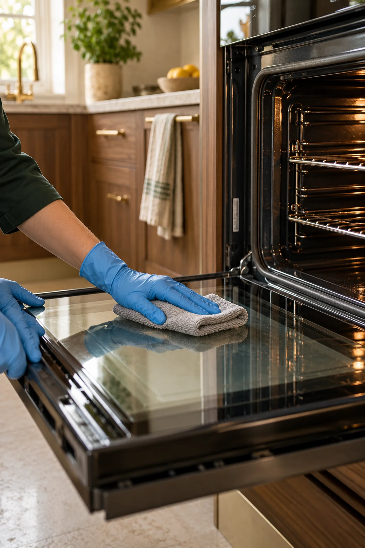 Gloved hands wiping the inside glass of a cool oven