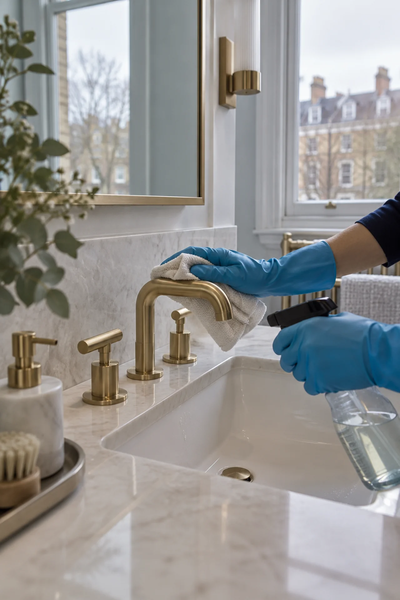 Gloved hands cleaning bathroom taps and a basin