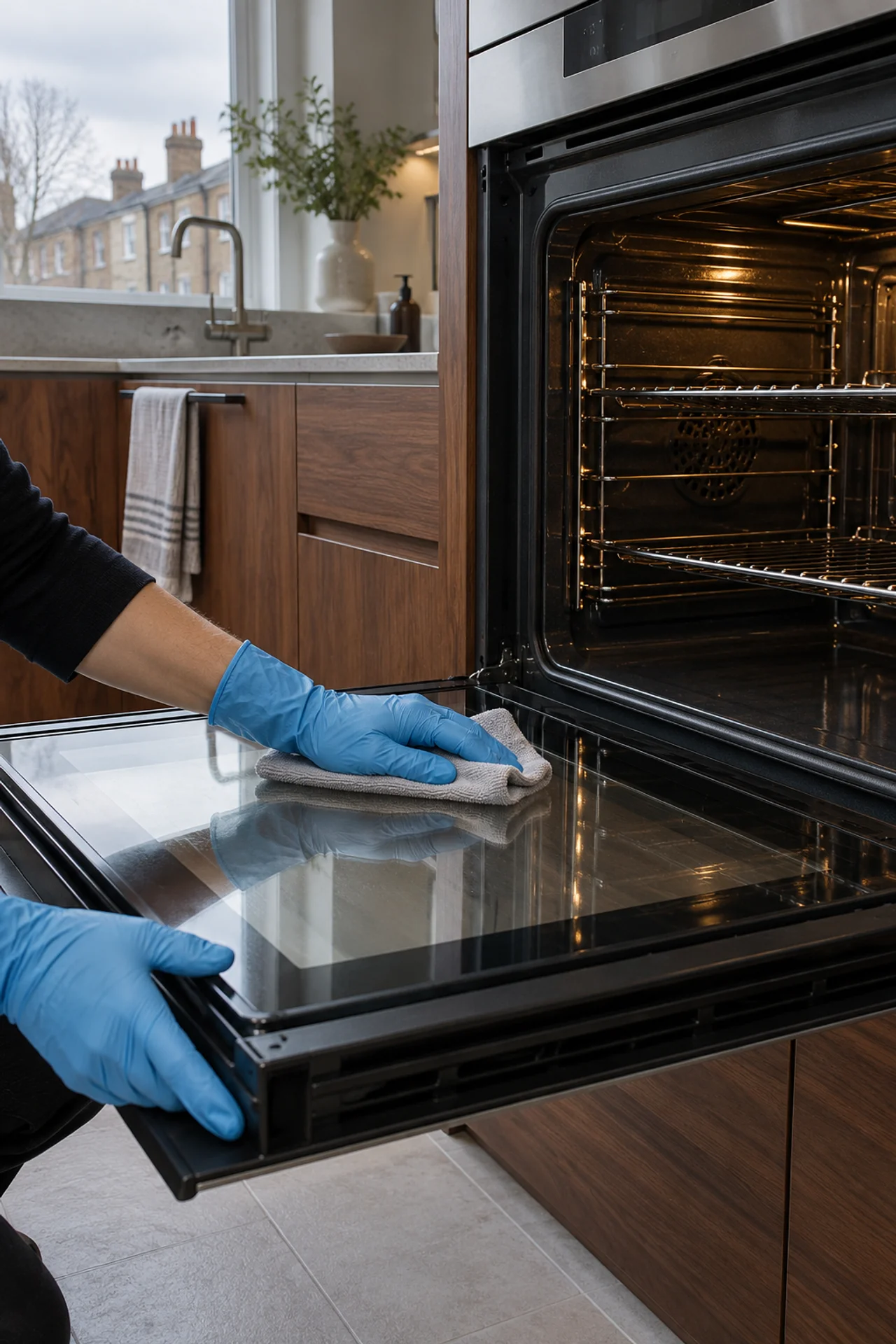 Gloved hands wiping the inside glass of a cool oven