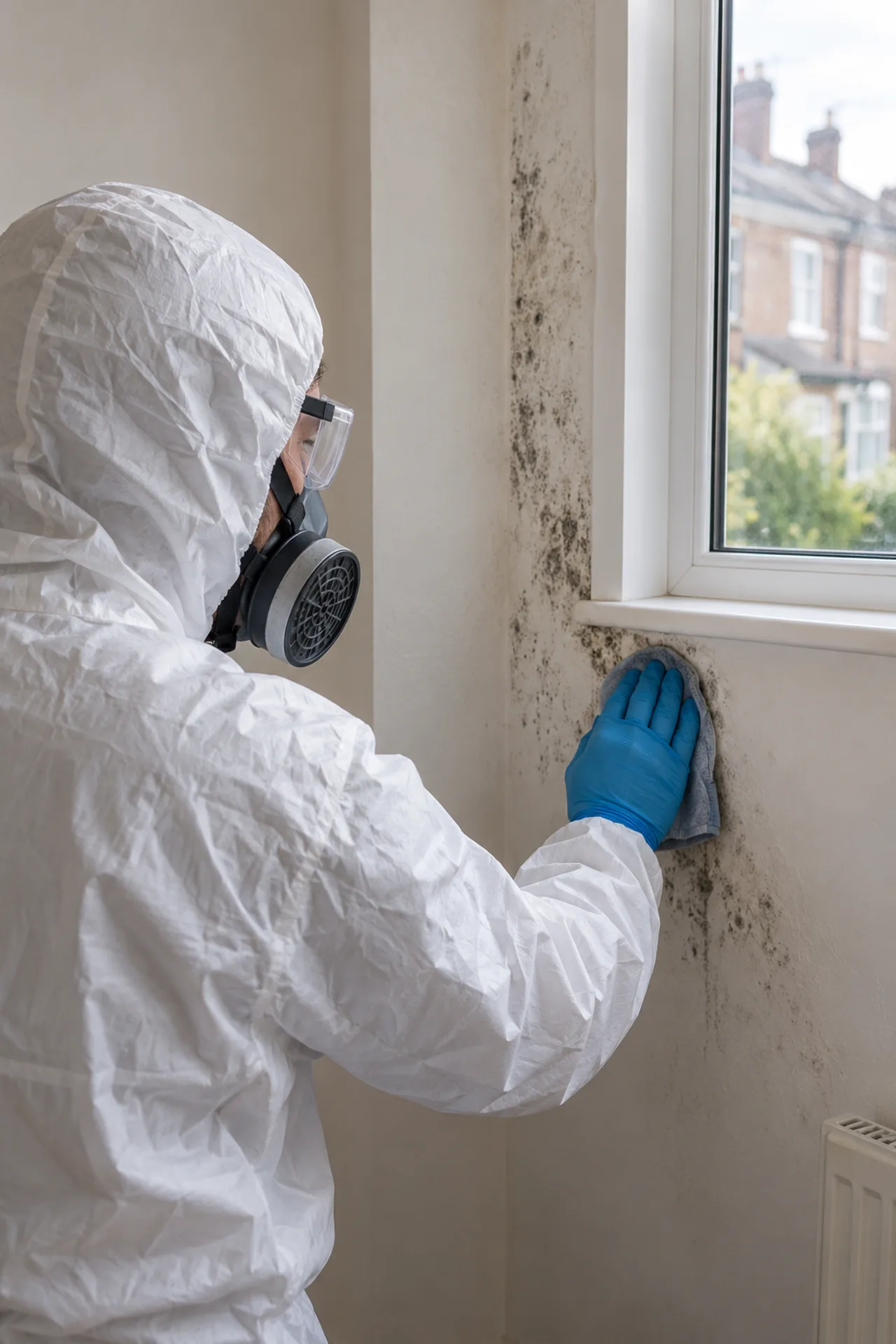 A mould treatment worker wearing protective equipment beside a window reveal