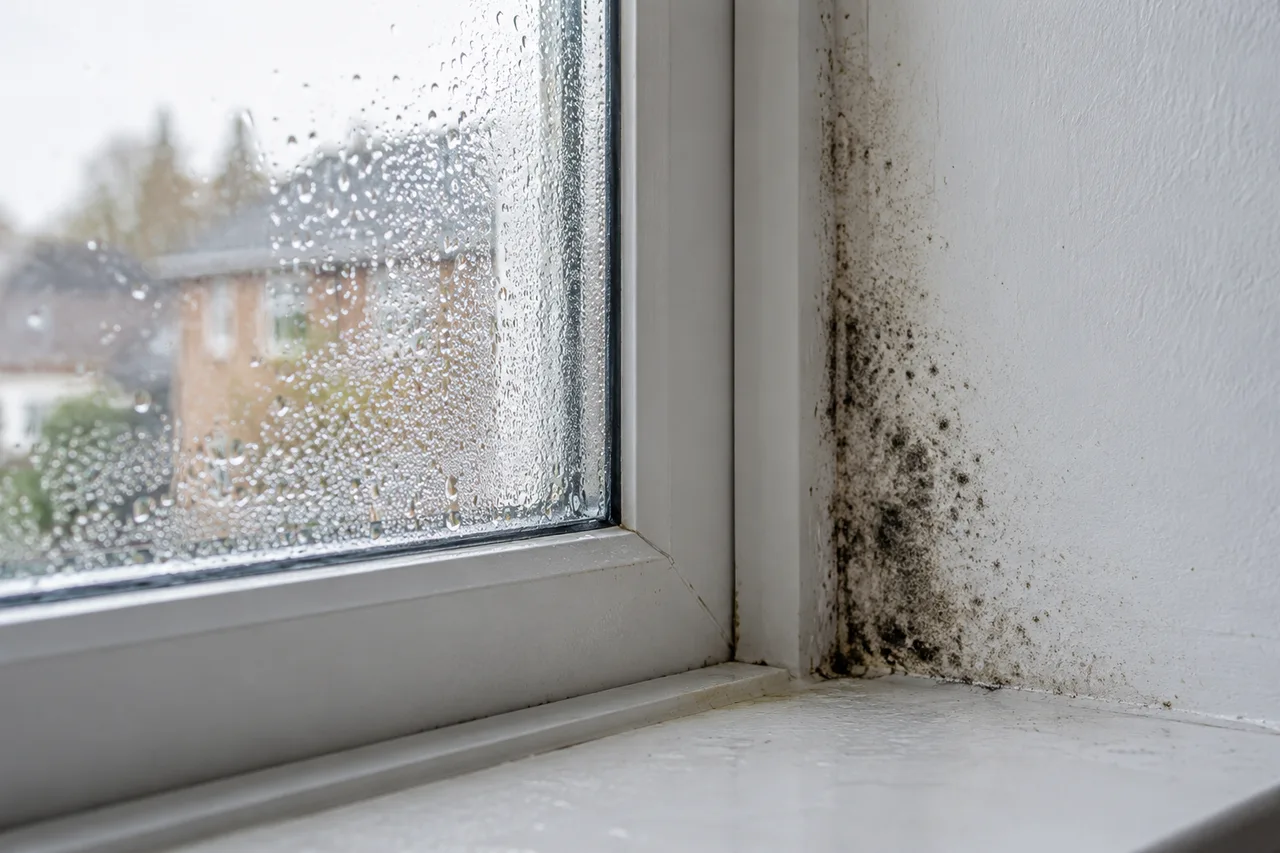 A small mould patch on a painted window reveal