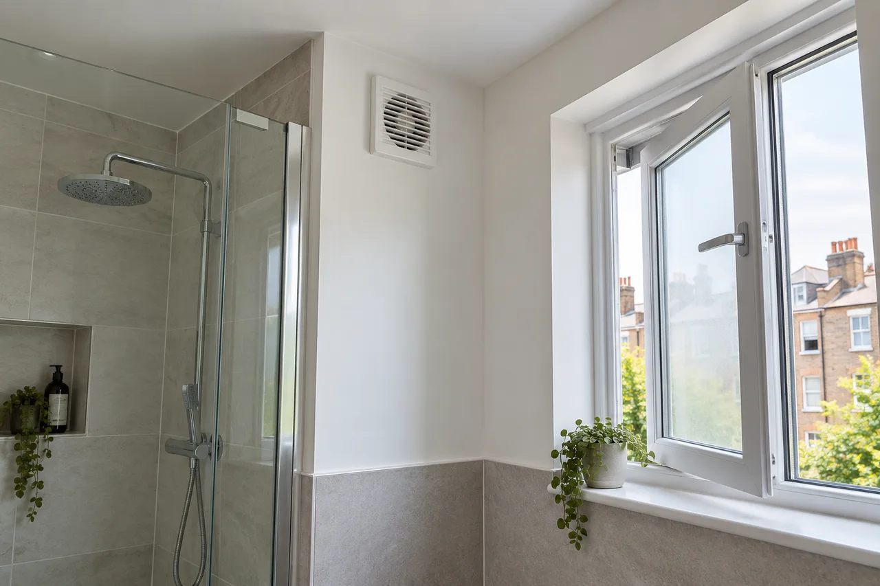 A bathroom window and extract ventilation grille