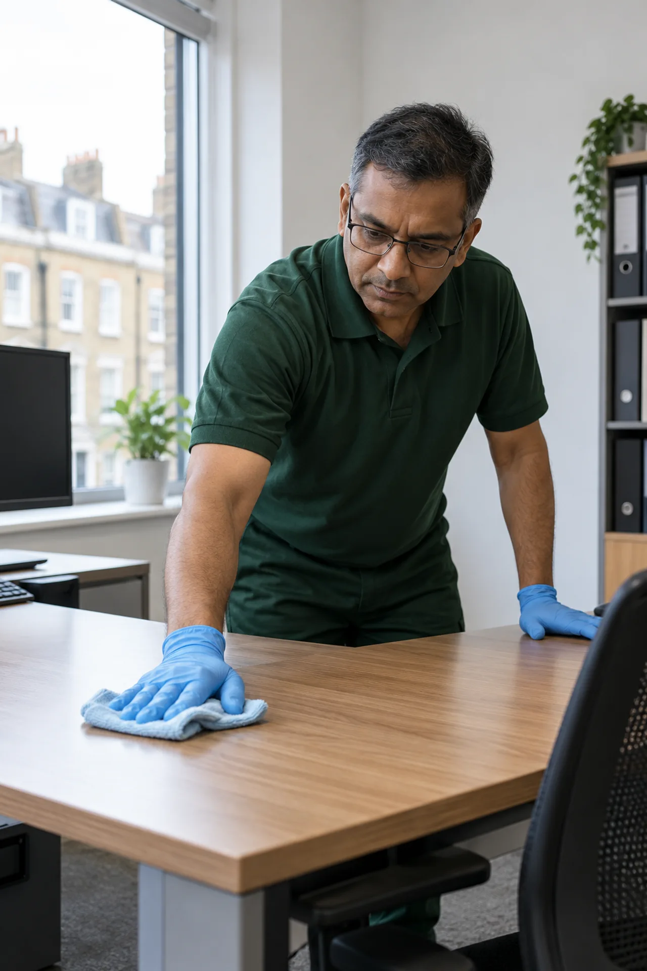 An office cleaner with glasses wiping a cleared desk