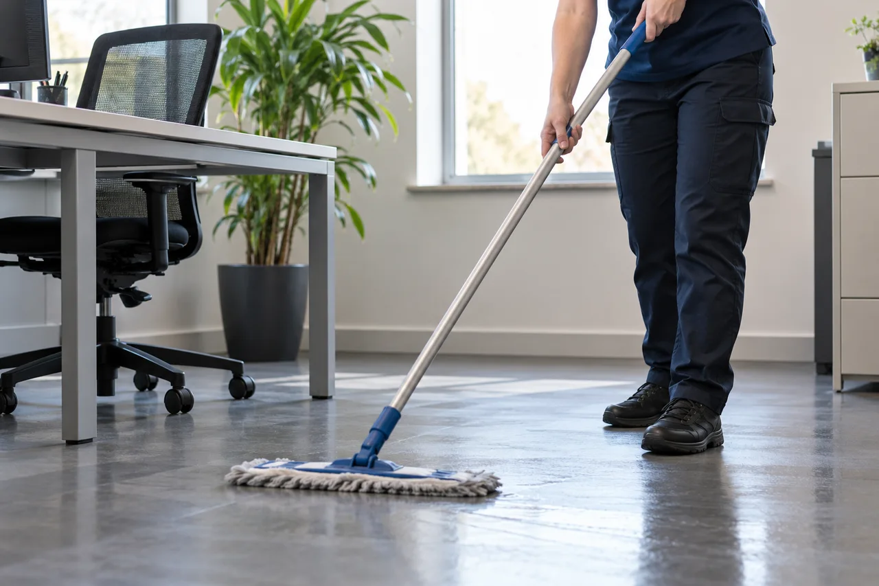 A cleaner damp mopping a clear office floor
