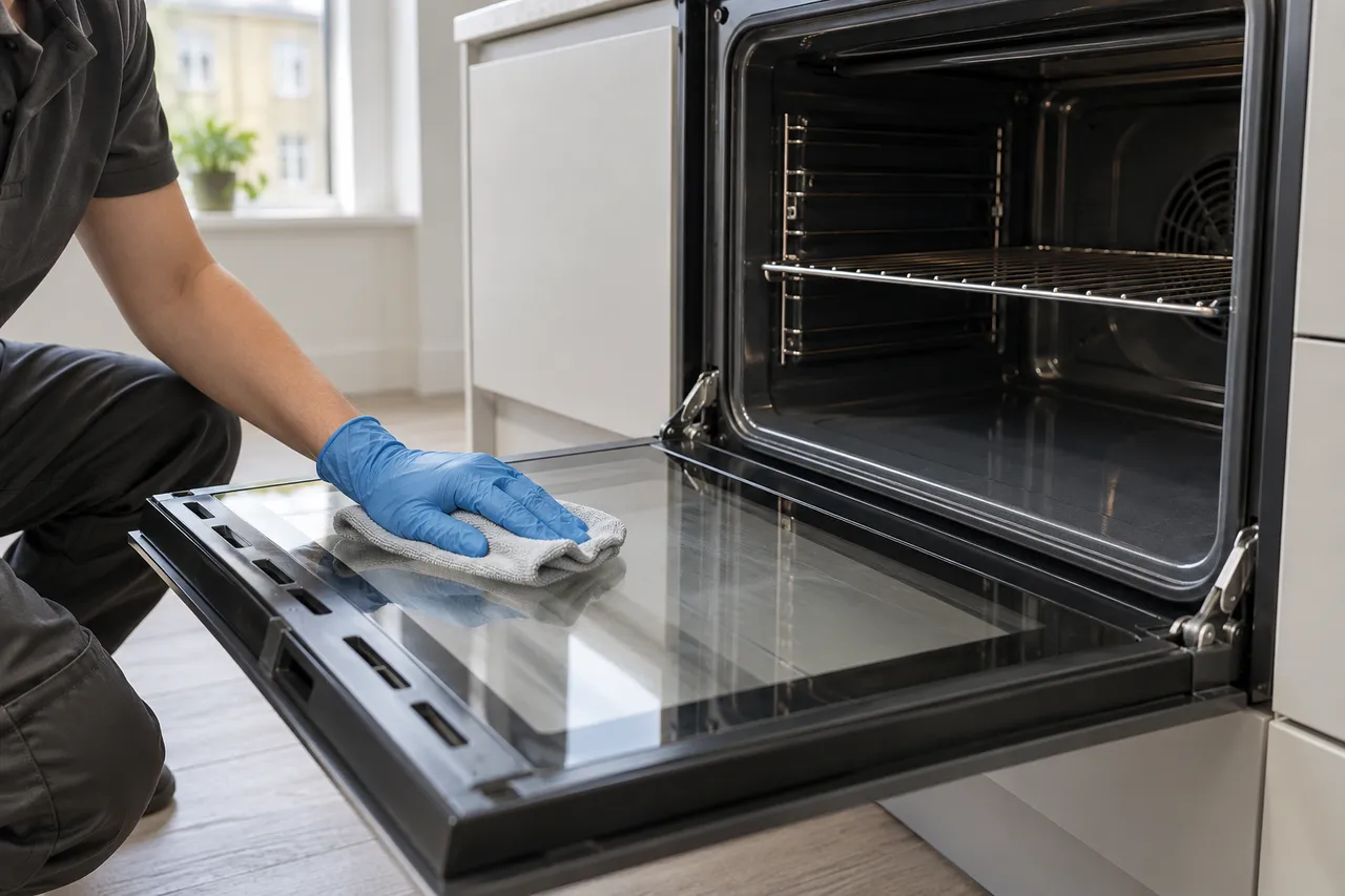 A gloved cleaner wiping the inner glass of an open oven door