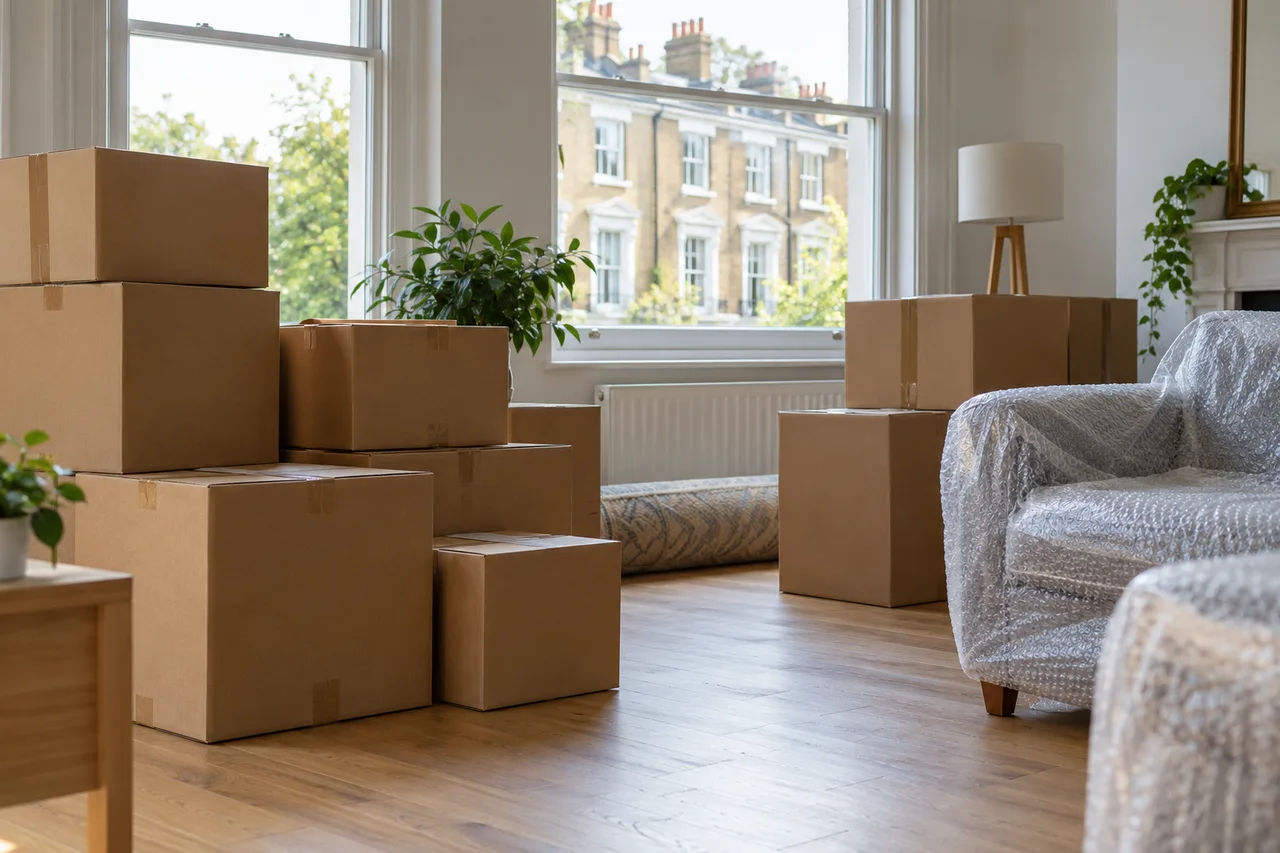 Packed boxes and protected furniture in a London flat