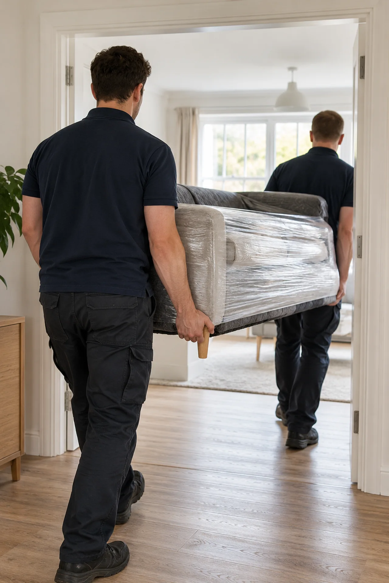 Movers seen from behind carrying a wrapped compact sofa