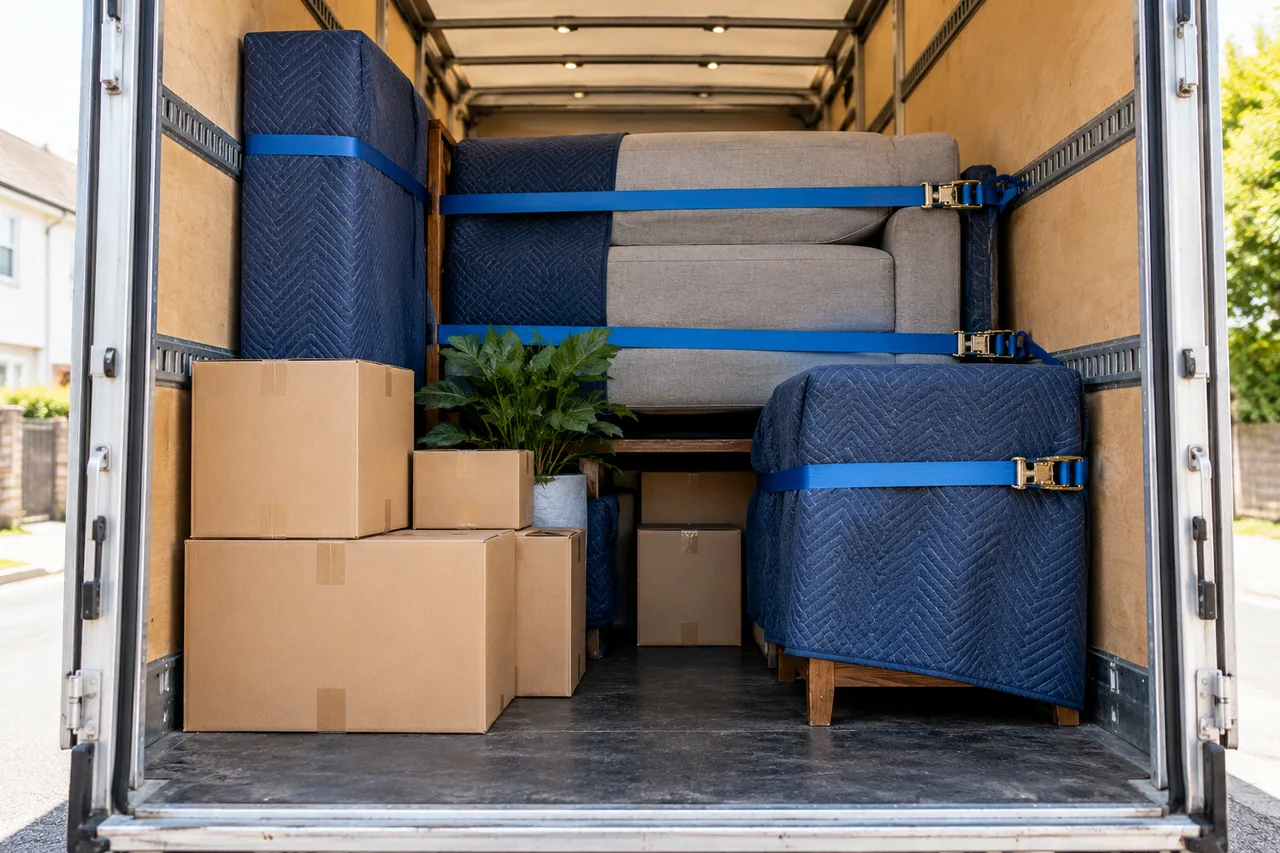 Boxes secured inside an unbranded removals van