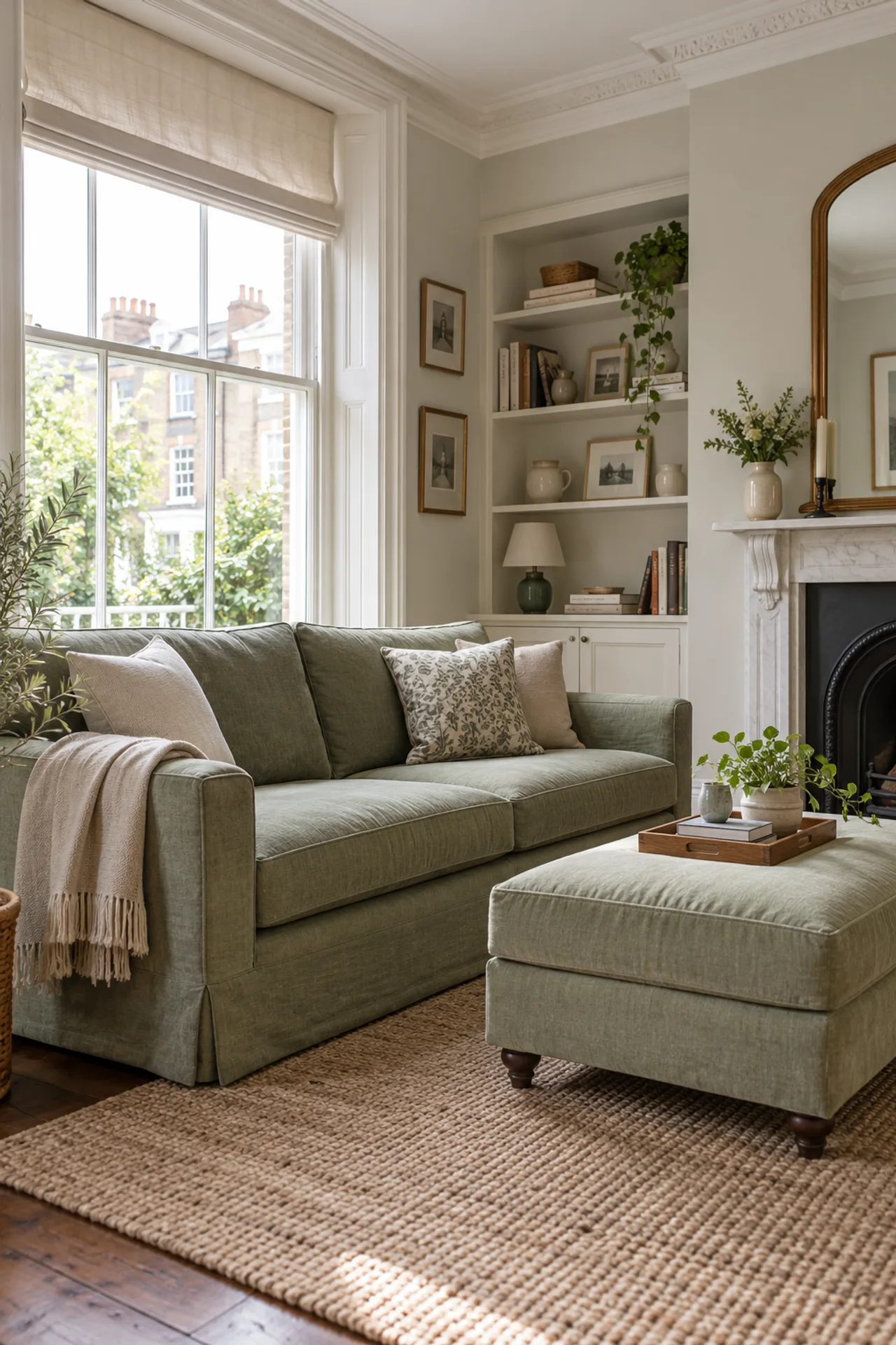 A sage sofa and footstool in a London sitting room