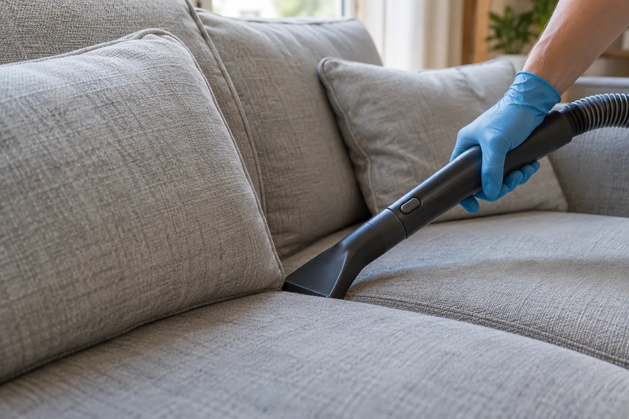 Gloved hands vacuuming between sofa cushions